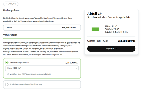 Buchungsdauer und Versicherung auswählen